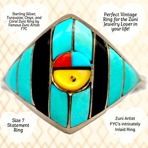 Vintage Zuni Sterling Silver Turquoise Inlay Ring… - image 1